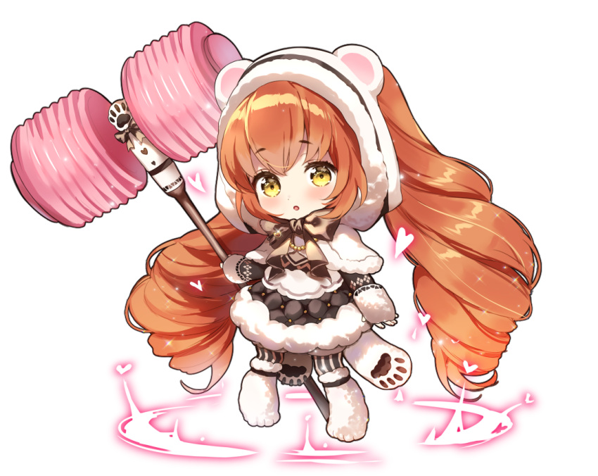1girl, :o, animal_ears, animal_hood, bangs, bear_ears, bear_hood, berrypop, black_bow, black_jacket, black_skirt, blush, boots, bow, brown_hair, capelet, chibi, commentary_request, eyebrows_visible_through_hair, fake_animal_ears, full_body, fur-trimmed_capelet, fur-trimmed_hood, fur-trimmed_skirt, fur_boots, fur_trim, hair_between_eyes, heart, holding, hood, hood_up, hooded_capelet, jacket, long_hair, long_sleeves, looking_at_viewer, lumia_saga, parted_lips, paw_shoes, piko_piko_hammer, shoes, simple_background, skirt, solo, striped, striped_legwear, twintails, vertical-striped_legwear, vertical_stripes, very_long_hair, white_background, white_capelet, yellow_eyes