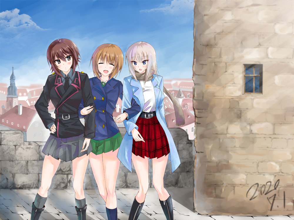 3girls, :d, arm_grab, bad_id, bad_twitter_id, bangs, belt, black_belt