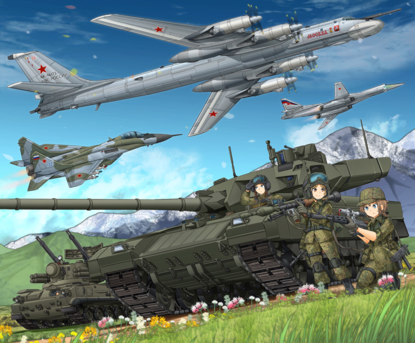 2others, 3girls, adjusting_goggles, aircraft, airplane, antiaircraft_weapon, assault_rifle, black_gloves