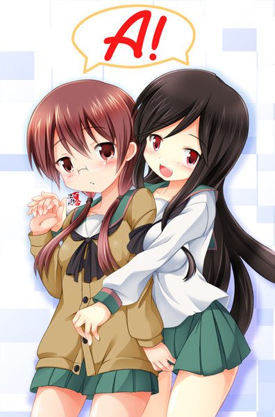 2girls, a_channel, black_hair, brown_eyes, brown_hair, glasses, kemoyuri, long_hair
