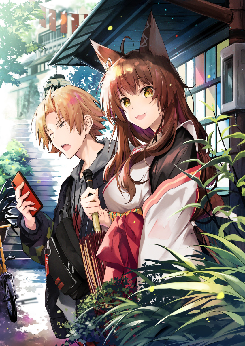 1boy, 1girl, :3, :d, absurdres, ahoge, animal_ears, black_jacket, bow, brown_eyes, brown_hair, cellphone, closed_umbrella, commentary_request, day, drawstring, fanny_pack, fox_ears, fumi_(nijisanji), grey_eyes, grey_hoodie, hakama, half-closed_eye, highres, hirai_yuzuki, holding, holding_phone, holding_umbrella, hood, hood_down, hoodie, jacket, japanese_clothes, kanda_shouichi, kimono, lantern, long_hair, long_sleeves, looking_at_viewer, looking_to_the_side, nijisanji, one_eye_closed, open_clothes, open_jacket, open_mouth, outdoors, paper_lantern, phone, puffy_long_sleeves, puffy_sleeves, red_bow, red_hakama, smile, stairs, standing, stone_stairs, umbrella, very_long_hair, virtual_youtuber, white_kimono, wide_sleeves