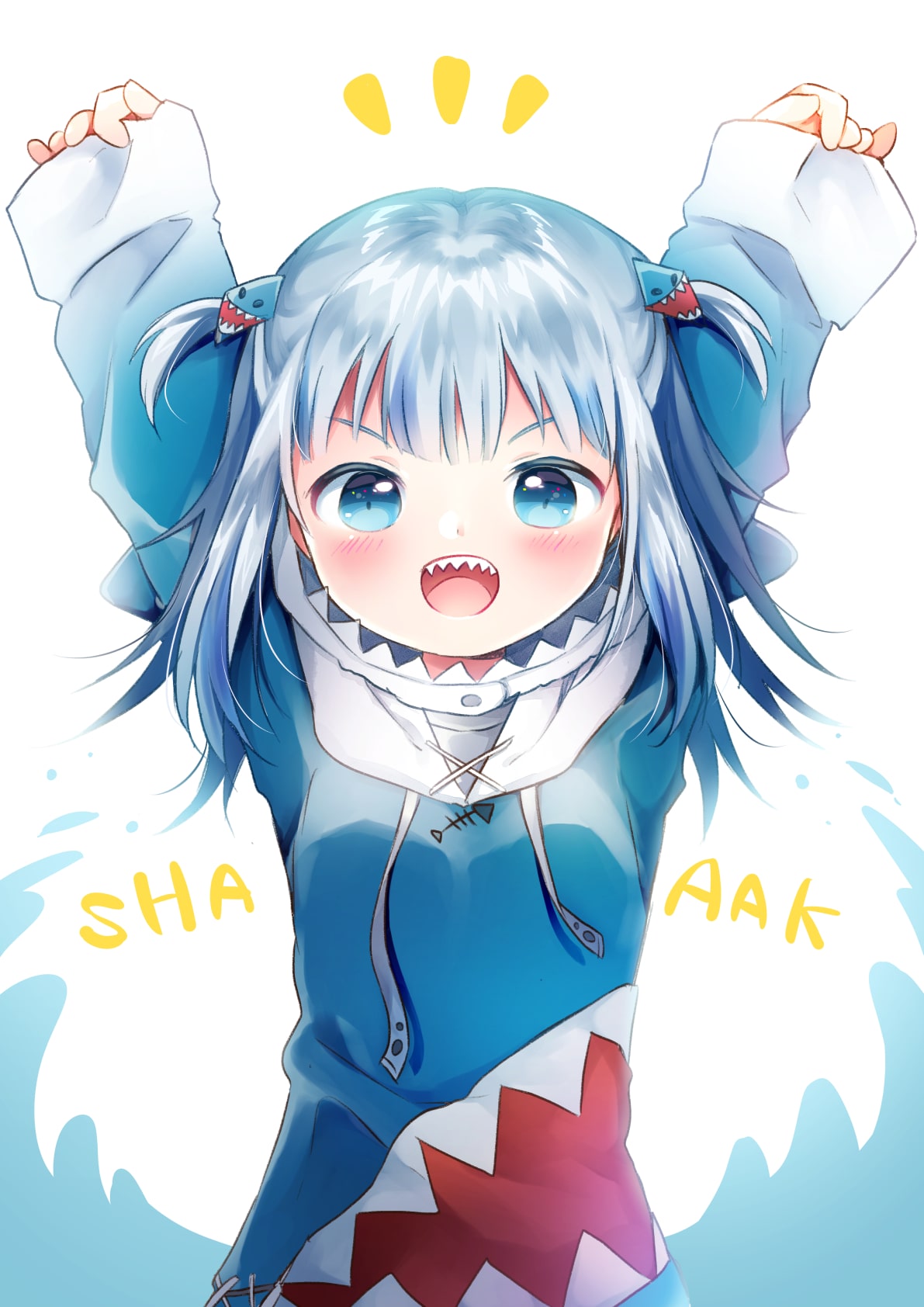 1girl, :d, arms_up, blue_eyes, blue_hair, blush, commentary, english_text