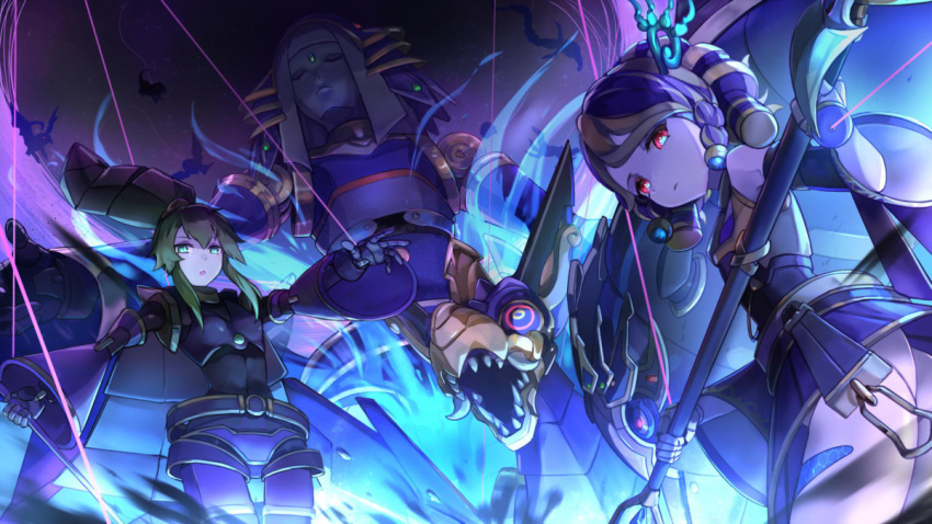 3girls, duel_monster, el_shaddoll_construct, el_shaddoll_wendigo, el_shaddoll_winda, glowing, glowing_eyes, green_eyes