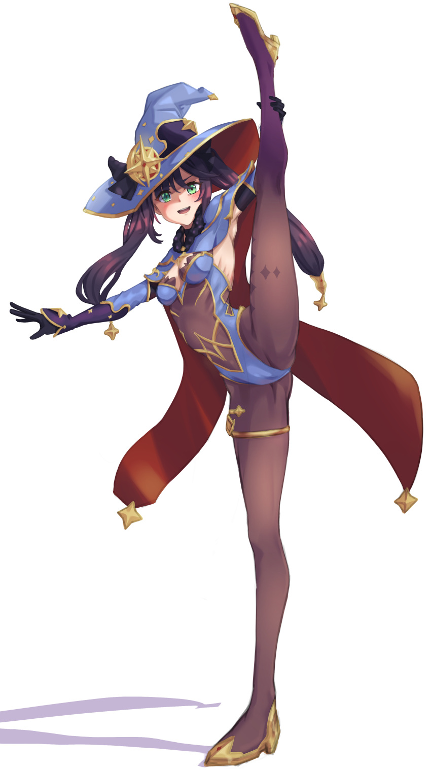 1girl, :d, absurdres, arm_up, armpits, bangs, black_gloves, black_legwear, blue_headwear, blue_leotard, blush, breasts, capelet, cream_bread, detached_sleeves, diamond_(symbol), full_body, genshin_impact, gloves, gold_footwear, green_eyes, hand_on_own_leg, hat, high_heels, highres, leg_up, leotard, looking_at_viewer, mona_(genshin_impact), open_mouth, pantyhose, purple_hair, ribs, shadow, simple_background, small_breasts, smile, solo, split, standing, standing_on_one_leg, standing_split, thighlet, twintails, upper_teeth, white_background, witch_hat