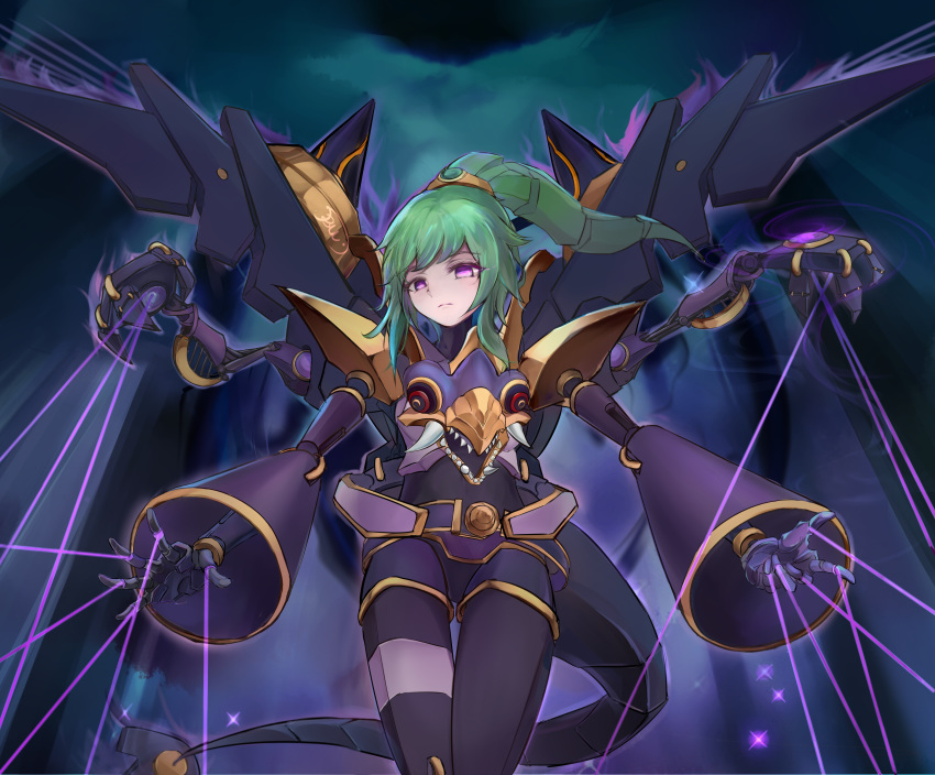 1girl, absurdres, aura, bangs, dark_aura, duel_monster, el_shaddoll_winda, extra_arms, fang, gishihi, green_hair, highres, mechanical_arm, mechanical_tail, mechanical_wings, no_pupils, ponytail, pulao, puppet_strings, sharp_teeth, tail, teeth, winda_priestess_of_gusto, wings, yu-gi-oh!