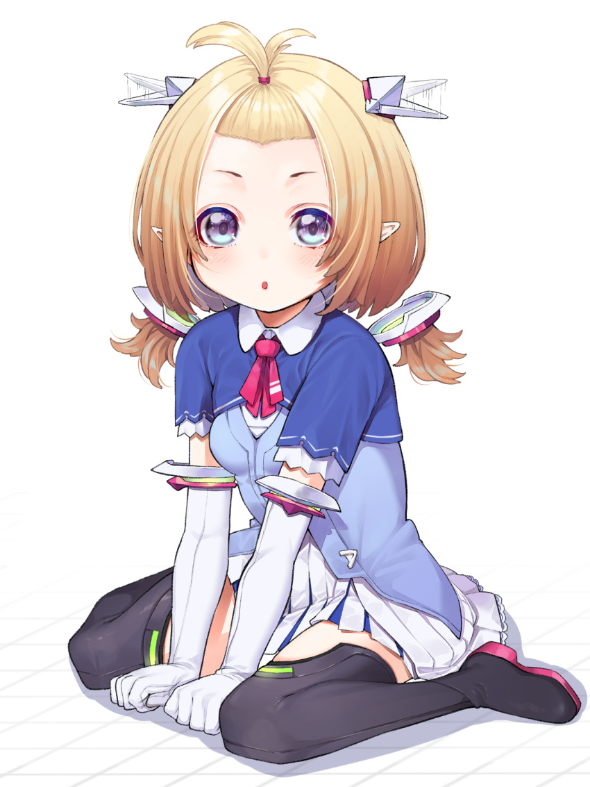 1girl, :o, aki_rosenthal, bangs, bangs_pinned_back, between_legs, black_footwear, blonde_hair