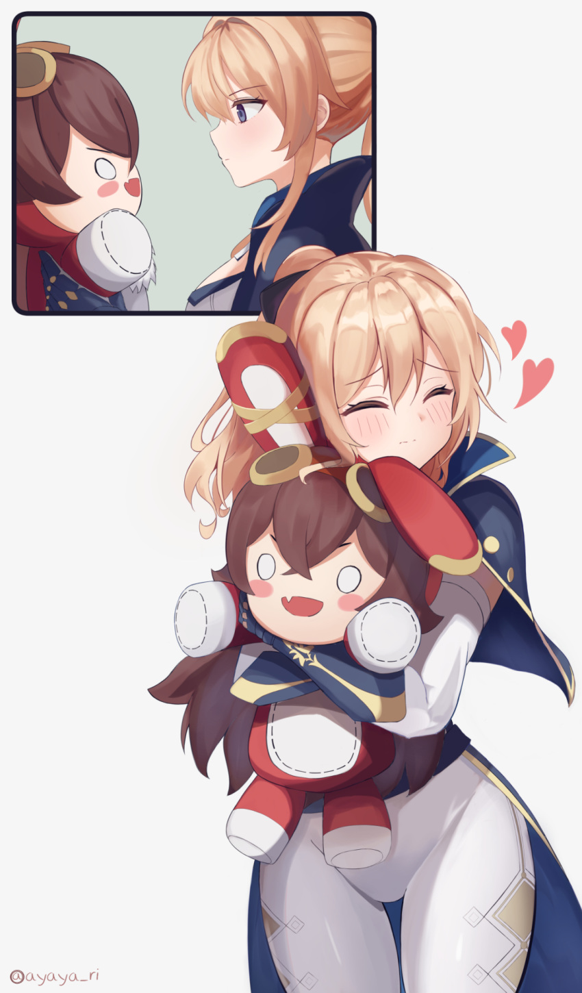 2girls, ayaya_(ayaya_ri), bangs, bare_shoulders, baron_bunny, blonde_hair, blue_eyes, blush