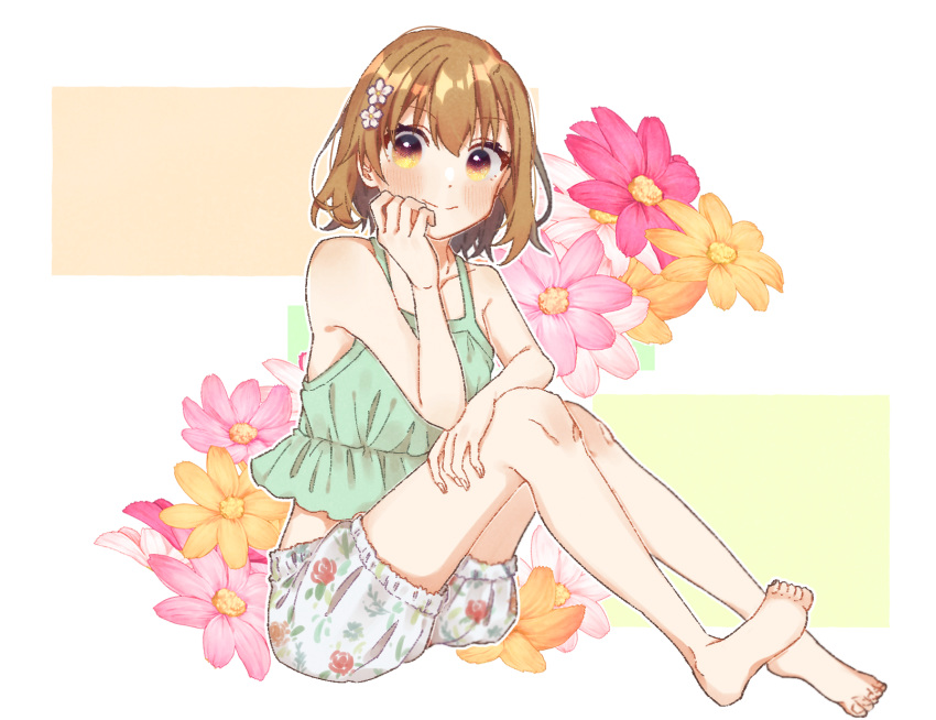 1girl, alternate_costume, barefoot, brown_eyes, brown_hair, camisole, casual, flower