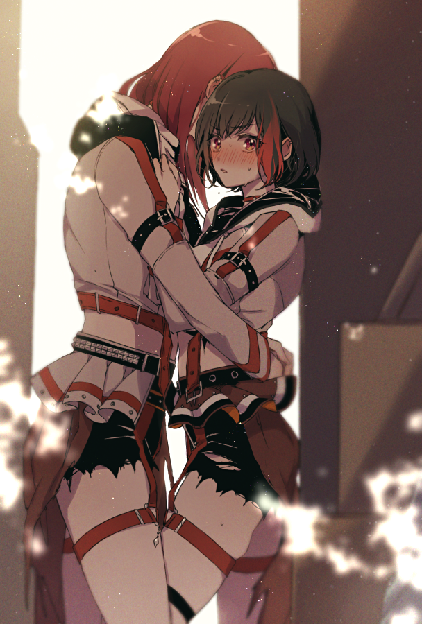 2girls, afterglow_(bang_dream!), arm_belt, bang_dream!, belt, belt_buckle, black_hair, black_legwear