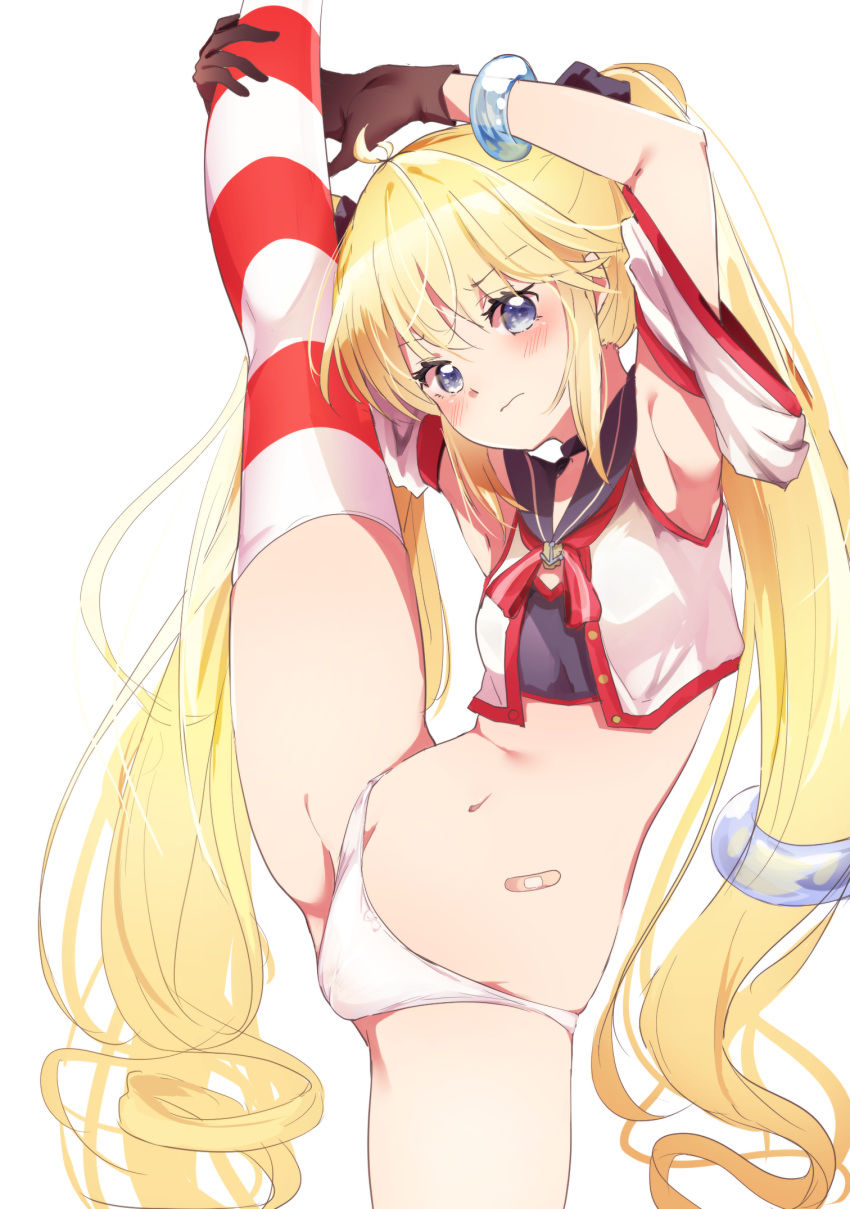 1girl, andrea_doria_(warship_girls_r), bandaid_on_stomach, black_choker, blonde_hair, blue_eyes, breasts, brown_gloves