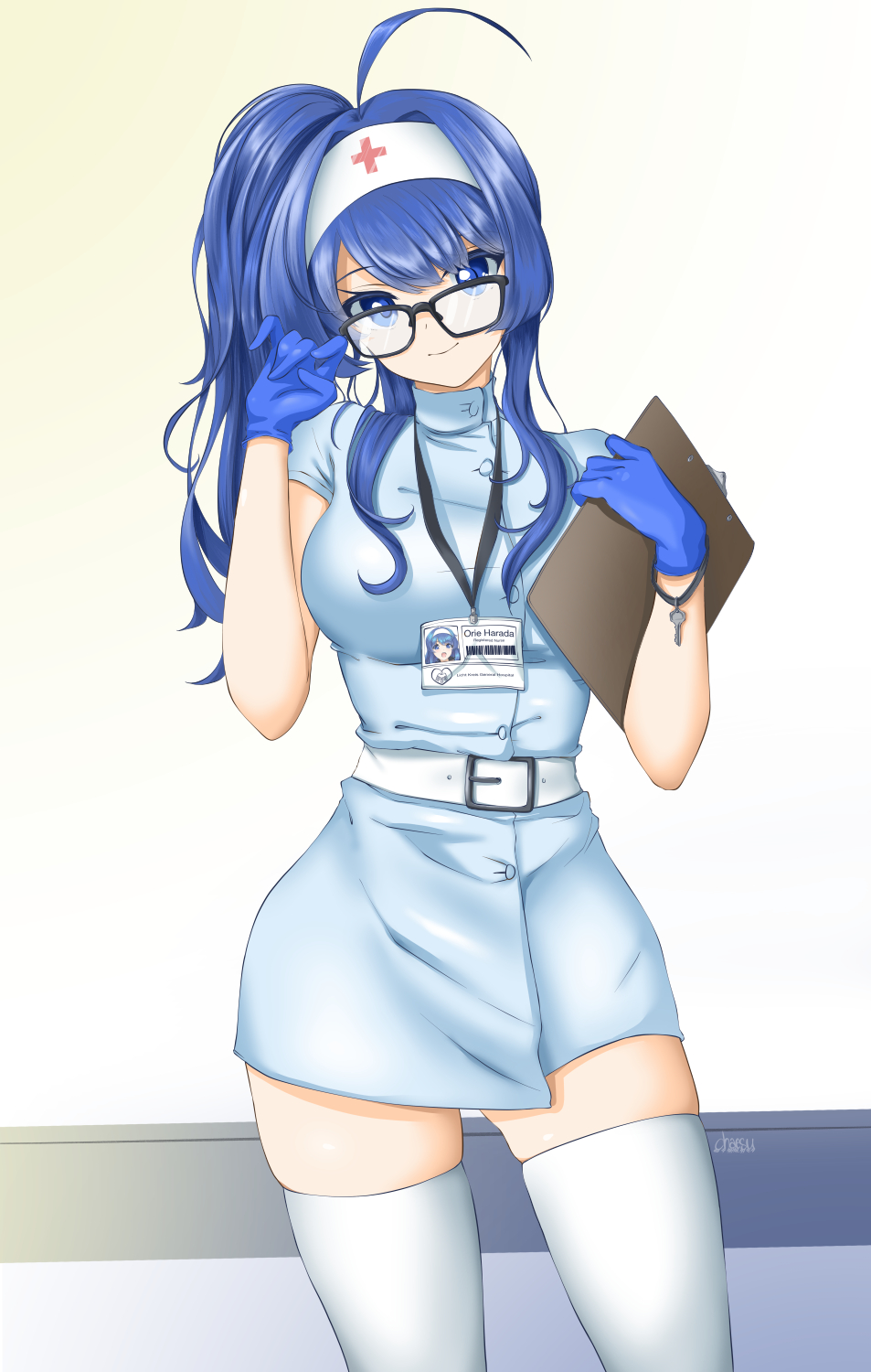 1girl, ahoge, alternate_hairstyle, belt, bespectacled, black-framed_eyewear, blue_eyes, blue_gloves