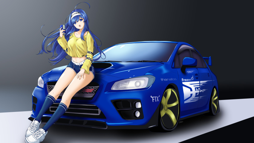 1girl, ahoge, bangs, blue_legwear, blue_shorts, breasts, can, car