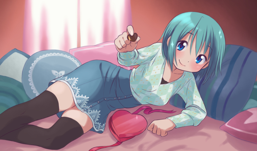 1girl, alternate_costume, aqua_sweater, argyle, argyle_sweater, arm_support, bed, bed_sheet