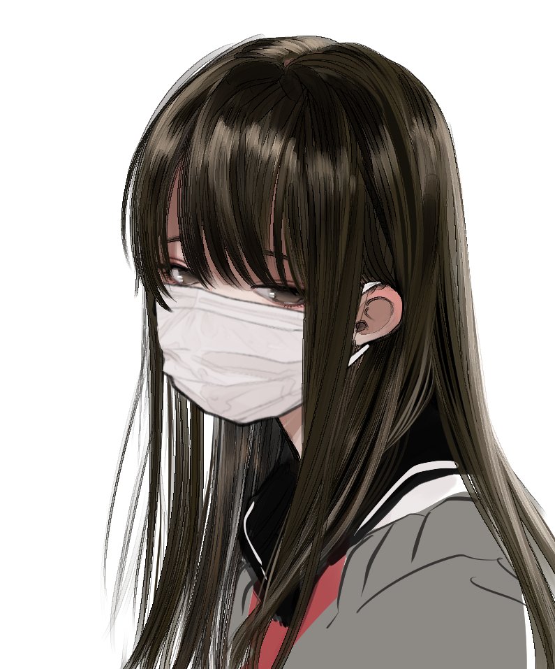 1girl, black_eyes, black_hair, black_sailor_collar, grey_serafuku, honryou_wa_naru, long_hair, mask