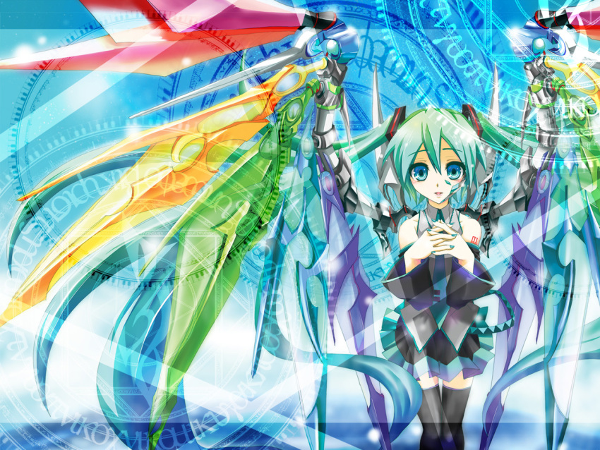 blue_eyes, detached_sleeves, haru_aki, hatsune_miku, long_hair, mechanical_wings, nail_polish, necktie