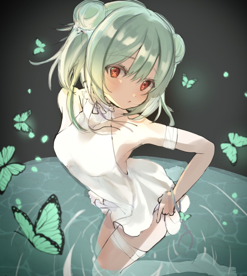 1girl, alternate_costume, bangs, blush, bug, butterfly, double_bun, dress