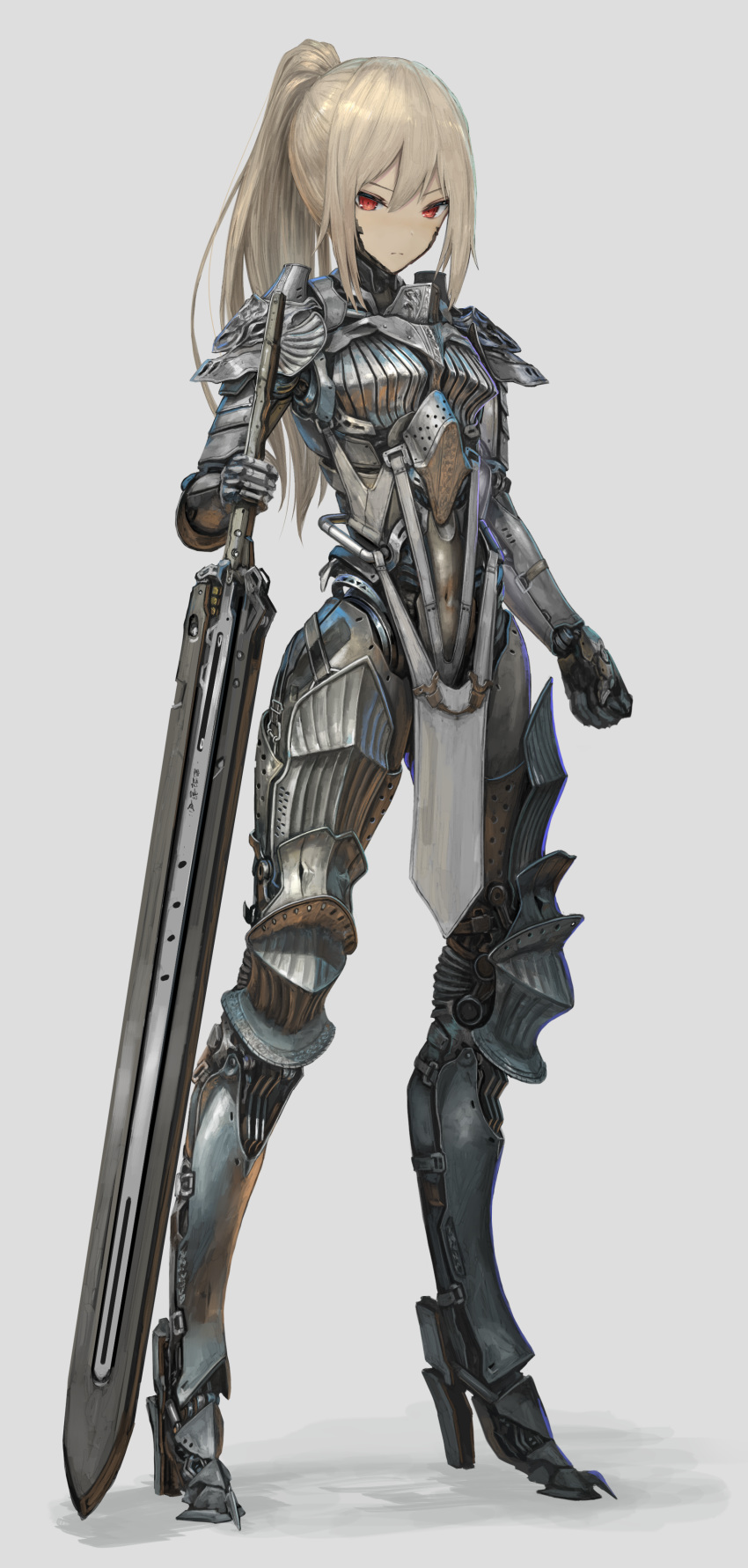 1girl, absurdres, armor, blonde_hair, cyborg, fantasy, full_body, greatsword
