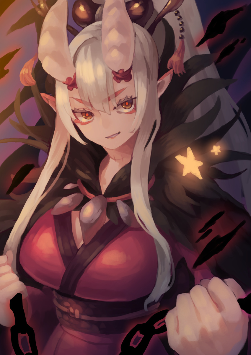 1girl, absurdres, black_sash, breasts, chain, eyebrows_visible_through_hair, hair_ornament, highres