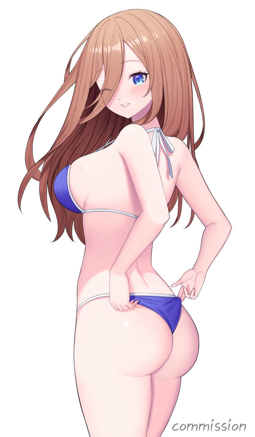 1girl, absurdres, ass, bare_arms, bare_shoulders, bikini, blue_bikini, blue_eyes