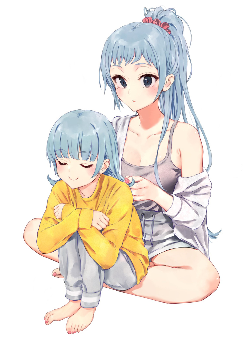 2girls, bangs, black_eyes, blue_hair, braiding_hair, closed_eyes, hairdressing, highres