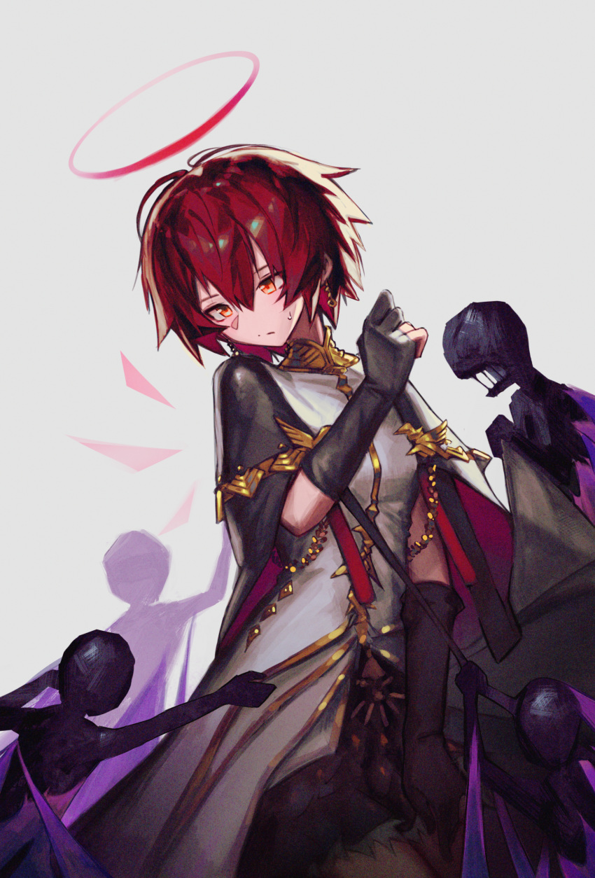 1girl, absurdres, alternate_costume, arknights, bangs, black_gloves, commentary_request, cosplay, cowboy_shot, dress, earrings, exusiai_(arknights), gloves, grey_background, halo, hand_up, highres, jewelry, mostima_(arknights), mostima_(arknights)_(cosplay), orange_eyes, redhead, short_hair, simple_background, solo, standing, veilrain, white_dress