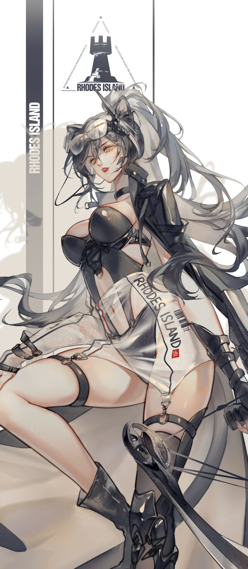 1girl, absurdres, alternate_costume, animal_ears, arknights, bangs, black_footwear, breasts