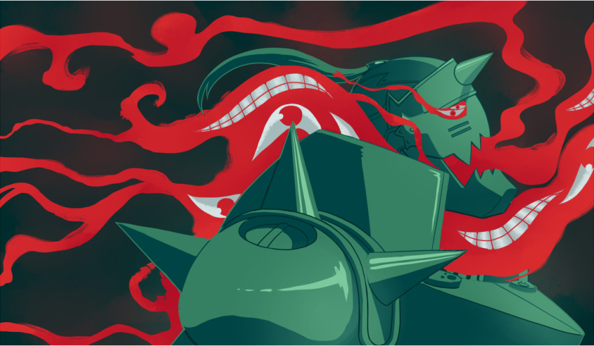 1boy, alphonse_elric, armor, backlighting, black_background, clenched_teeth, close-up, commentary, creature, dark_background, degravitify, english_commentary, eyes, from_side, fullmetal_alchemist, glint, green_theme, grin, helmet, male_focus, possessed, pride_(fma), red_eyes, red_theme, shadow, shiny, shoulder_spikes, simple_background, smile, spiked_helmet, spikes, teeth