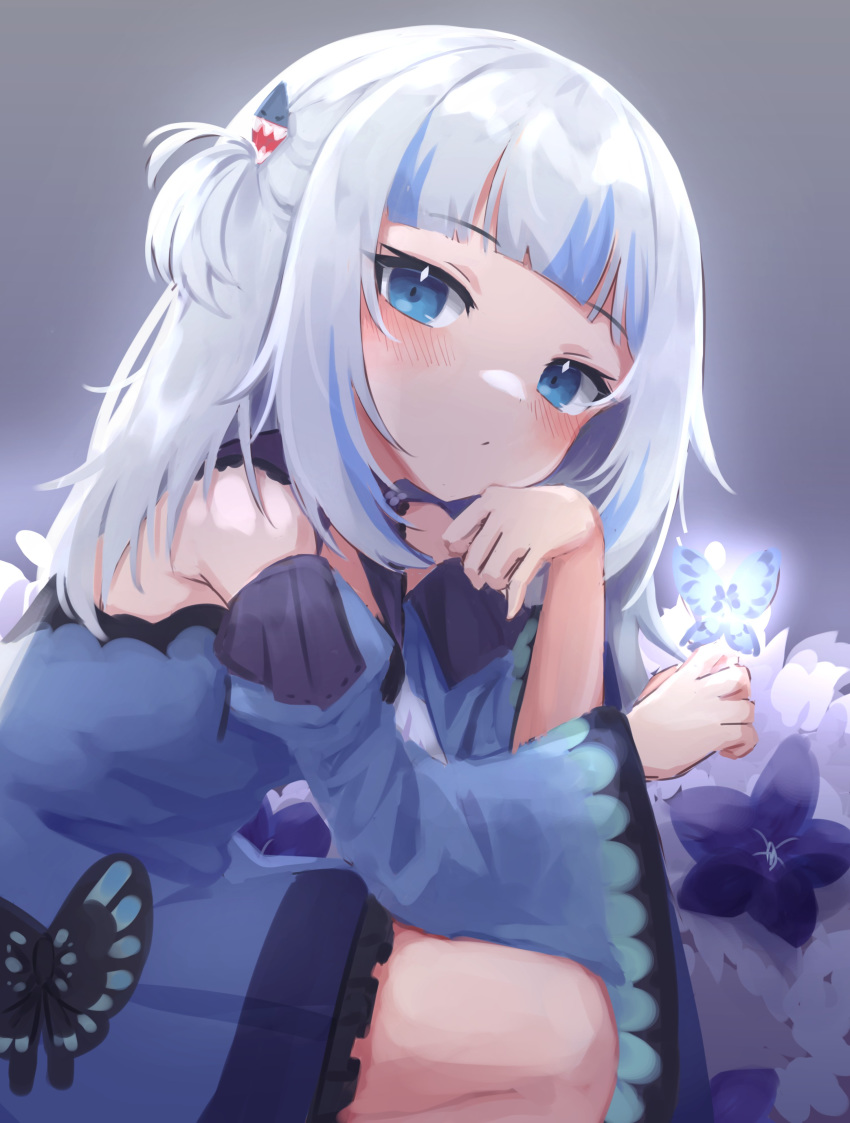 1girl, absurdres, bangs, blue_eyes, blue_hair, bug, butterfly, cosplay, dress, flower, gawr_gura, hair_ornament, highres, hololive, hololive_english, insect, klaius, looking_at_viewer, multicolored_hair, simple_background, smile, solo, streaked_hair, uruha_rushia, uruha_rushia_(cosplay), virtual_youtuber, white_hair