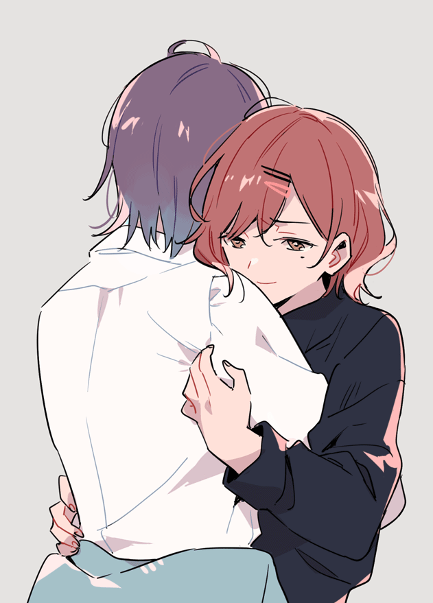 2girls, ahoge, asakura_tooru, blue_hair, brown_eyes, brown_hair, clothes_around_waist, commentary_request
