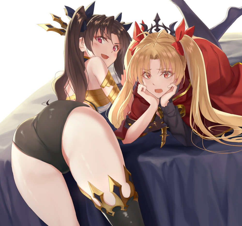 2girls, armlet, ass, bangs, bare_shoulders, black_hair, blonde_hair, blush