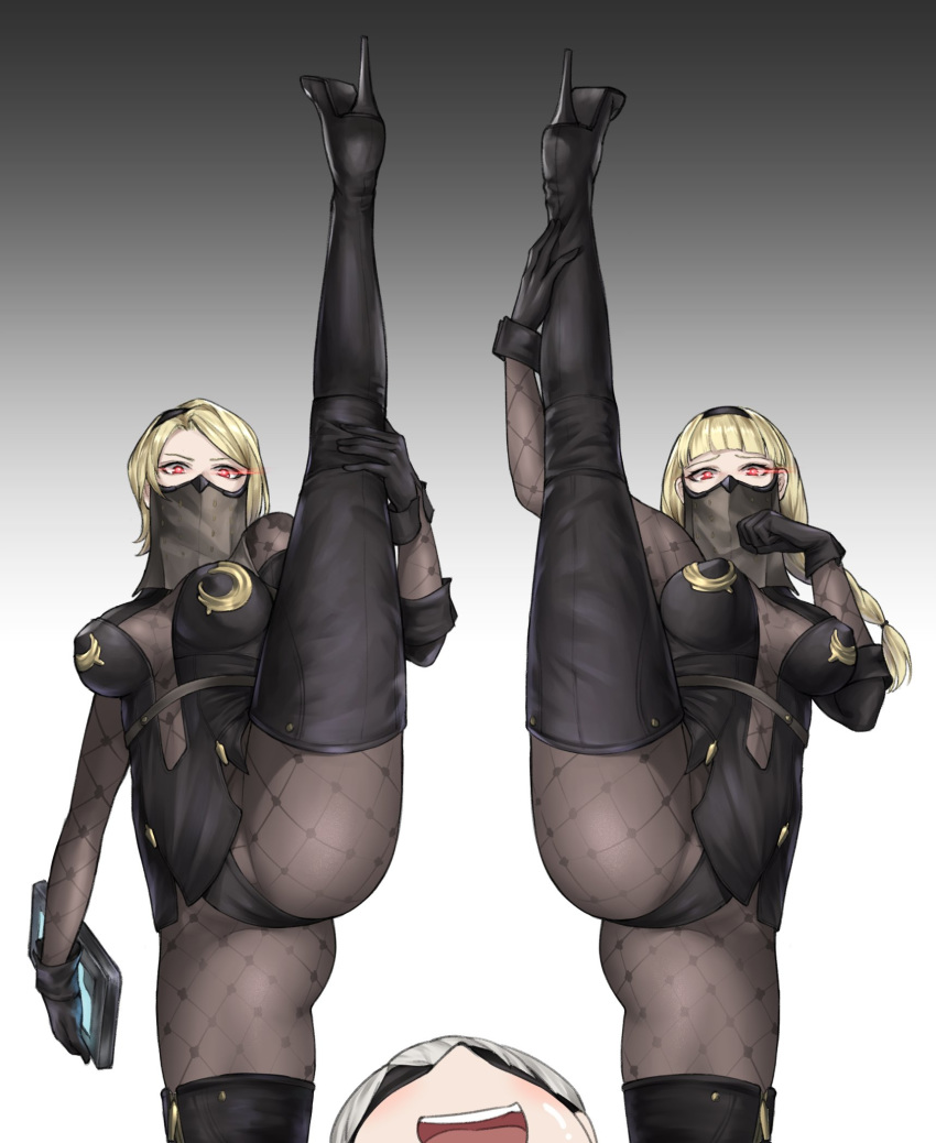2girls, black_gloves, black_hairband, blonde_hair, closed_eyes, flexible, gloves, hairband, hands_on_own_face, highres, long_hair, medium_hair, mind_control, mouth_veil, multiple_girls, nier_(series), nier_automata, nyatokanyaru, open_mouth, operator_21o, operator_6o, red_eyes, see-through, split, standing, standing_on_one_leg, standing_split, upper_body, veil, yorha_no._9_type_s