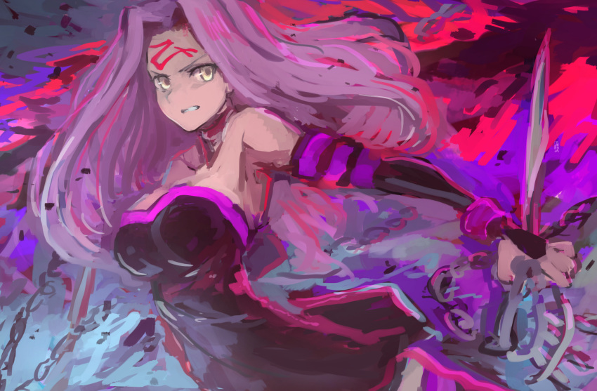 1girl, black_dress, black_gloves, breasts, chain, clenched_teeth, dagger, detached_sleeves, dress, facial_mark, fate/stay_night, fate_(series), fingerless_gloves, forehead_mark, gloves, highres, holding, holding_weapon, long_hair, moor, purple_hair, rider, short_dress, solo, strapless, strapless_dress, teeth, weapon, yellow_eyes