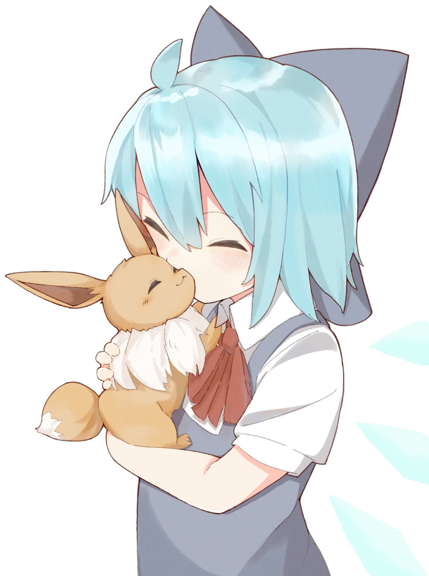 1girl, :3, ahoge, blue_bow, blue_dress, blue_hair, blue_wings, bow, cirno, closed_eyes, collared_shirt, crossover, dress, eevee, gen_1_pokemon, hair_bow, highres, holding, ice, ice_wings, kae_karee, medium_hair, pokemon, red_neckwear, shirt, simple_background, smile, touhou, upper_body, white_background, white_shirt, wing_collar, wings