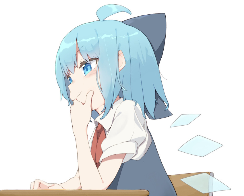 1girl, ahoge, blue_bow, blue_dress, blue_eyes, blue_hair, bow, chair
