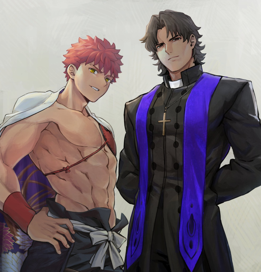 2boys, arms_behind_back, black_pants, brown_eyes, brown_hair, cape, cross, cross_necklace