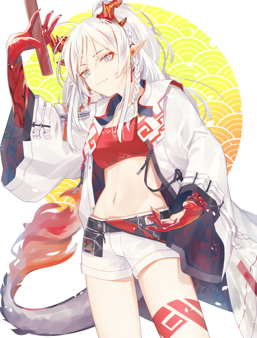 1girl, arknights, bandeau, bangs, bead_bracelet, beads, belt, black_belt, bracelet, braid, breasts, coat, commentary, geta_(epicure_no12), grey_eyes, highres, horns, jewelry, long_hair, long_sleeves, looking_at_viewer, midriff, multicolored_hair, navel, nian_(arknights), open_clothes, open_coat, pointy_ears, redhead, short_shorts, shorts, silver_hair, small_breasts, solo, stomach, strapless, streaked_hair, tail, thighs, tubetop, white_background, white_coat, white_shorts, wide_sleeves