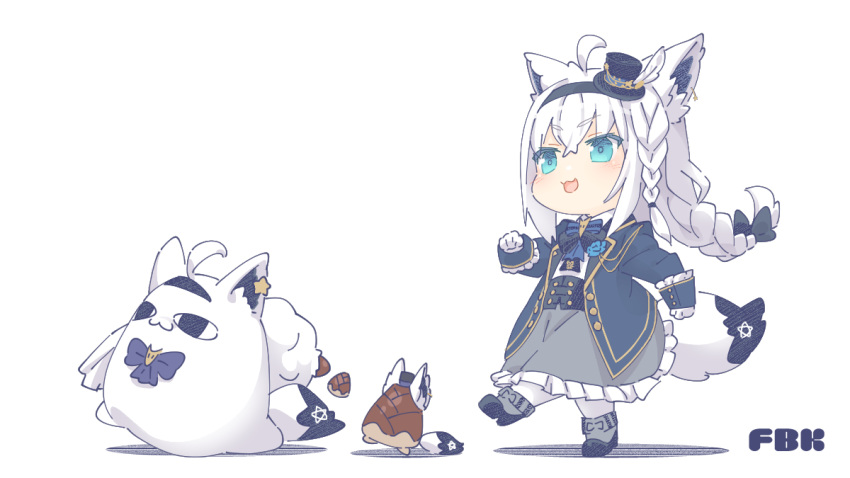 1girl, ahoge, animal_ear_fluff, animal_ears, bangs, beige_skirt, blue_jacket, blue_neckwear