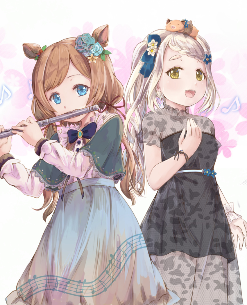2girls, :d, animal, animal_ears, animal_on_head, bangs, beamed_eighth_notes, black_dress