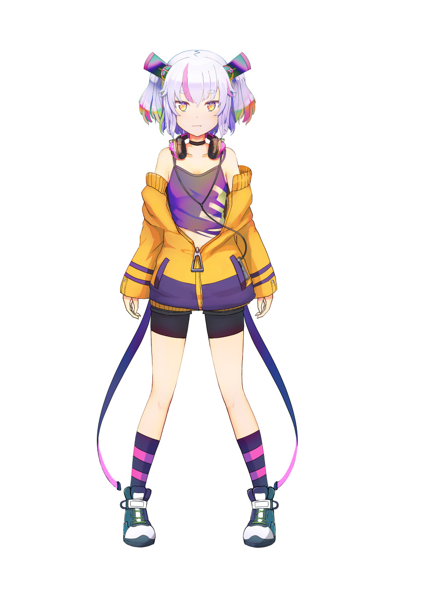 1girl, absurdres, bangs, bike_shorts, black_choker, camisole, choker, eyebrows_visible_through_hair, fang, full_body, headphones, headphones_around_neck, highres, looking_at_viewer, multicolored_hair, namako_(namacotan), off-shoulder_jacket, original, purple_hair, short_hair, short_twintails, smile, solo, standing, thick_eyebrows, twintails, white_background, yellow_eyes