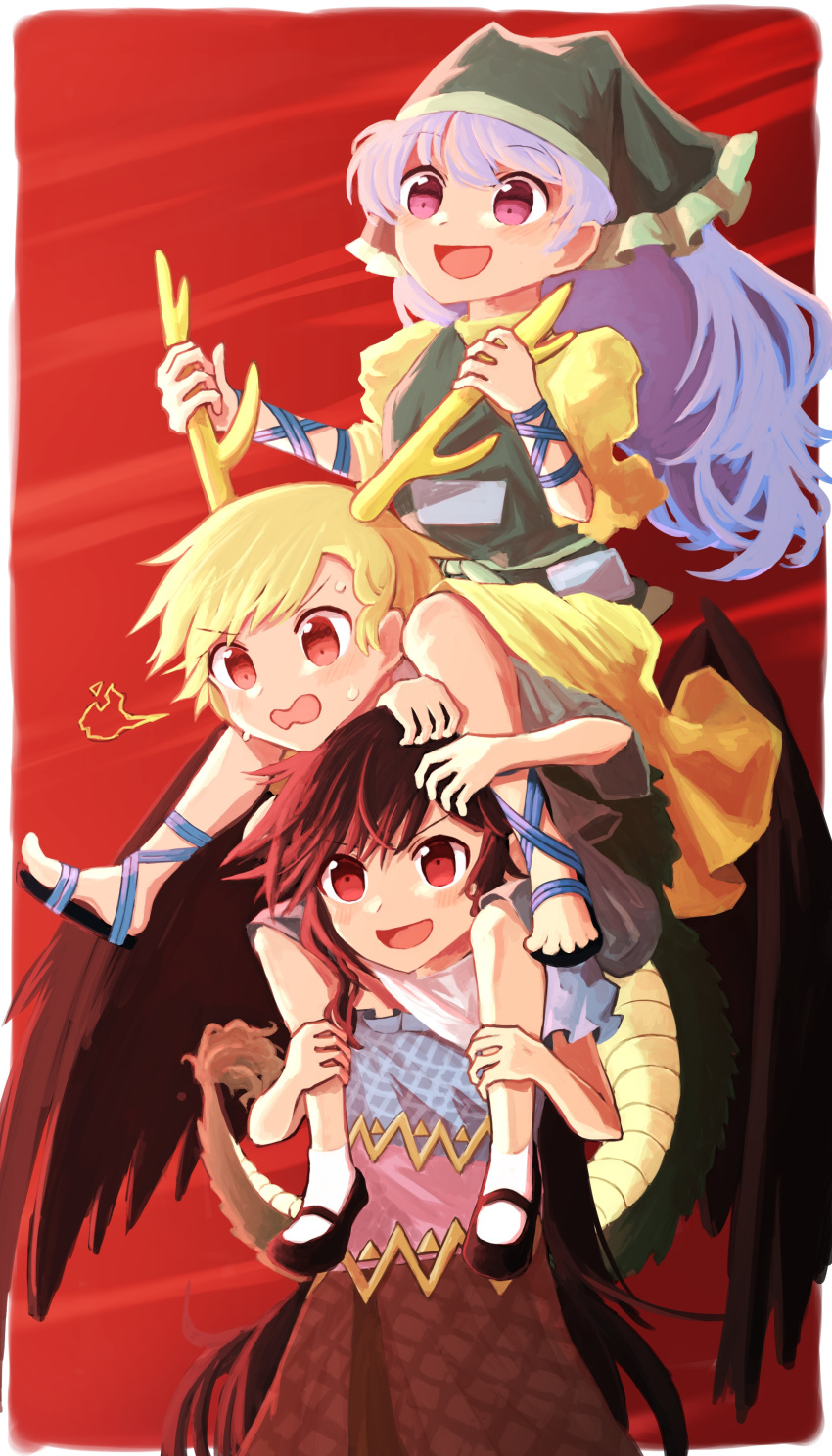 3girls, absurdres, apron, bandana, black_footwear, black_hair, blonde_hair, blue_hair