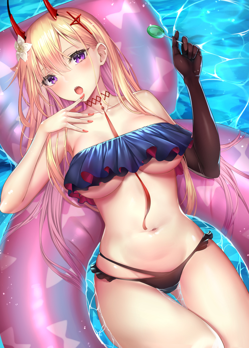 1girl, :o, azur_lane, bare_arms, bare_shoulders, between_breasts, bikini, black_bikini, black_gloves, blonde_hair, blue_bikini, breasts, candy, caustics, choker, collarbone, elbow_gloves, flower, food, gloves, hair_flower, hair_ornament, hands_up, highres, holding, horns, innertube, kumano_(azur_lane), kumano_(fancy_waves)_(azur_lane), large_breasts, lollipop, long_hair, looking_at_viewer, mismatched_bikini, mizuya_nao, nail_polish, navel, open_mouth, red_nails, sharp_teeth, single_glove, solo, stomach, swimsuit, teeth, thigh_gap, thighs, under_boob, violet_eyes, water