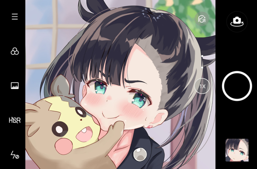 1girl, :d, black_hair, black_jacket, blurry, blurry_background, blush, cellphone_picture