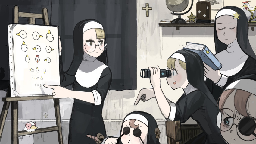 5girls, bags_under_eyes, binoculars, bird, blonde_hair, blue_eyes, book, book_on_head