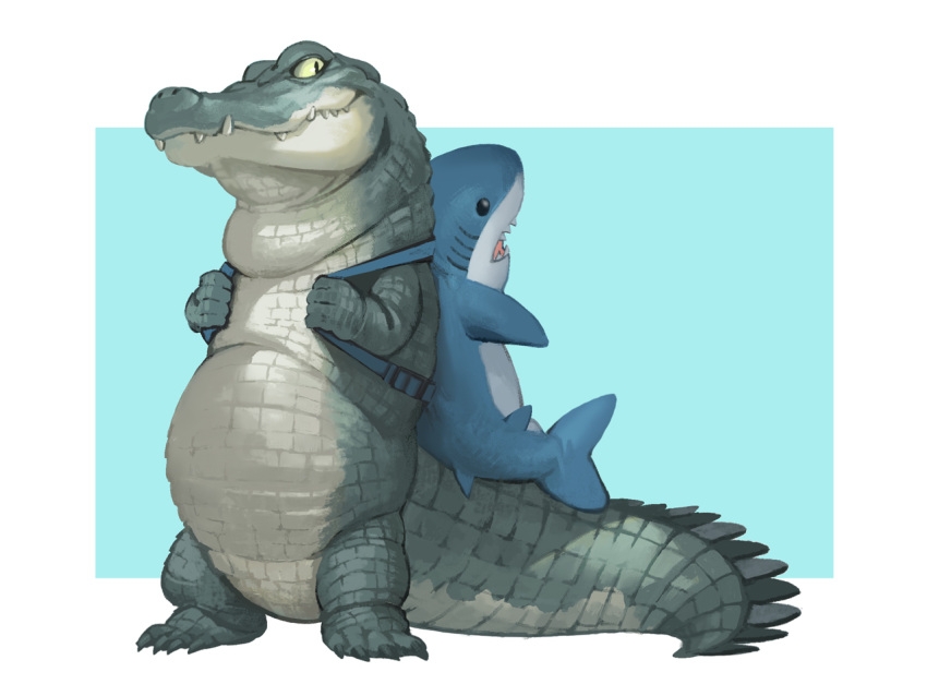 backpack, bag, blue_background, border, crocodile, crocodilian, looking_back, nishimawari_kouro, no_humans, original, shark_backpack, simple_background, smile, standing, white_border