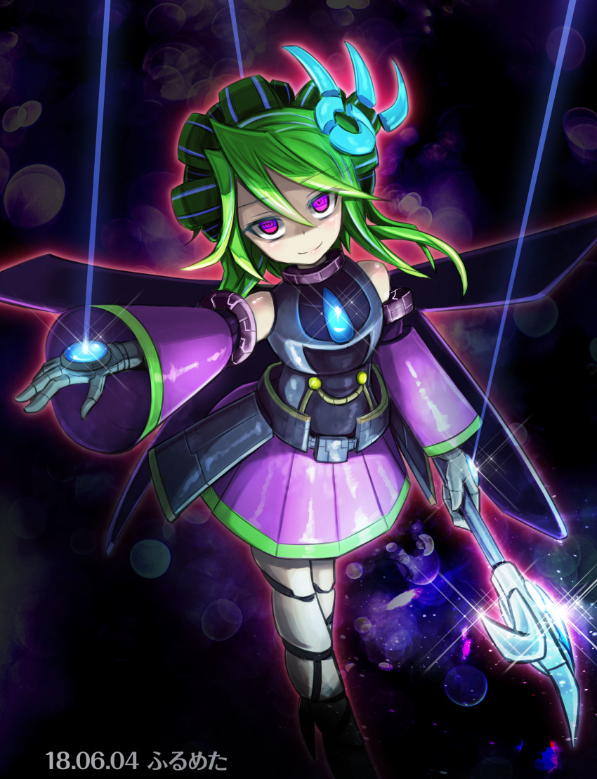 1girl, absurdres, artist_name, aura, bangs, bare_shoulders, belt, dark_aura, dated, doll_joints, duel_monster, el_shaddoll_wendigo, eyebrows_visible_through_hair, furumeta, glint, glowing, glowing_eyes, green_hair, hair_ornament, headdress, high_heels, highres, holding, holding_staff, joints, looking_at_viewer, mechanical_hand, puppet_strings, ritual_beast_tamer_wen, skirt, smile, staff, violet_eyes, yu-gi-oh!