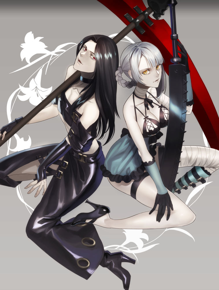 1boy, 1girl, bandages, black_hair, fingerless_gloves, gloves, guilty_gear, kaine_(nier)