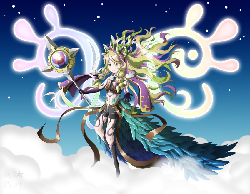 1girl, 792382194, belt, braid, choker, clouds, duel_monster, feather_skirt, floating, green_eyes, hair_ornament, highres, holding, holding_staff, long_hair, multicolored_hair, navel, reaching_out, reeshaddoll_wendi, ritual_beast_tamer_wen, shorts, signature, smile, staff, thigh-highs, two-tone_hair, very_long_hair, yu-gi-oh!