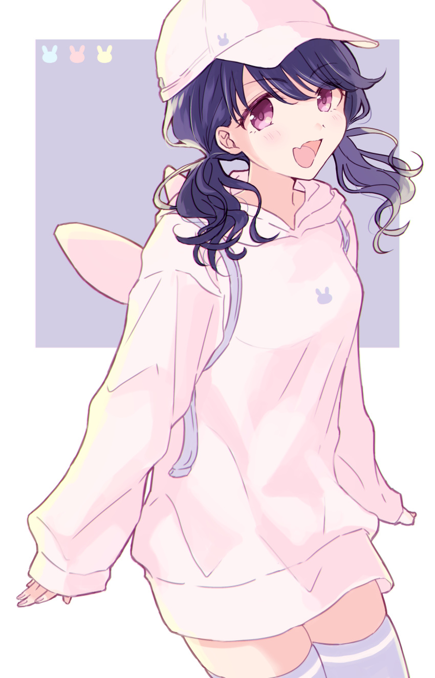 1girl, absurdres, backpack, bag, baseball_cap, black_hair, commentary, fang