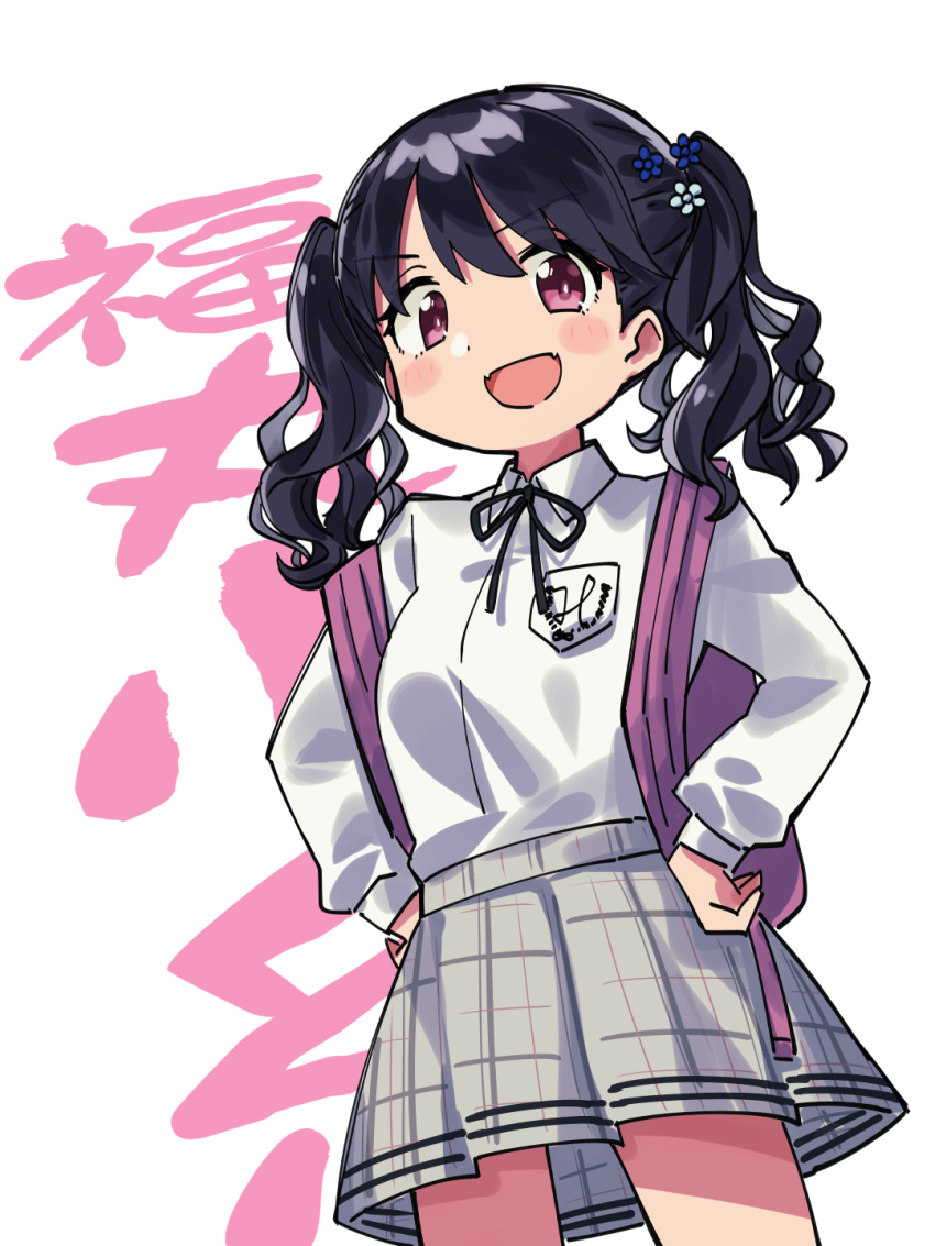 1girl, backpack, bag, black_hair, black_neckwear, black_ribbon, breast_pocket, commentary_request
