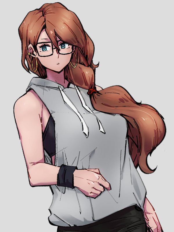 1girl, alternate_hairstyle, android_21, black-framed_eyewear, black_sports_bra, blue_eyes, breasts, brown_hair
